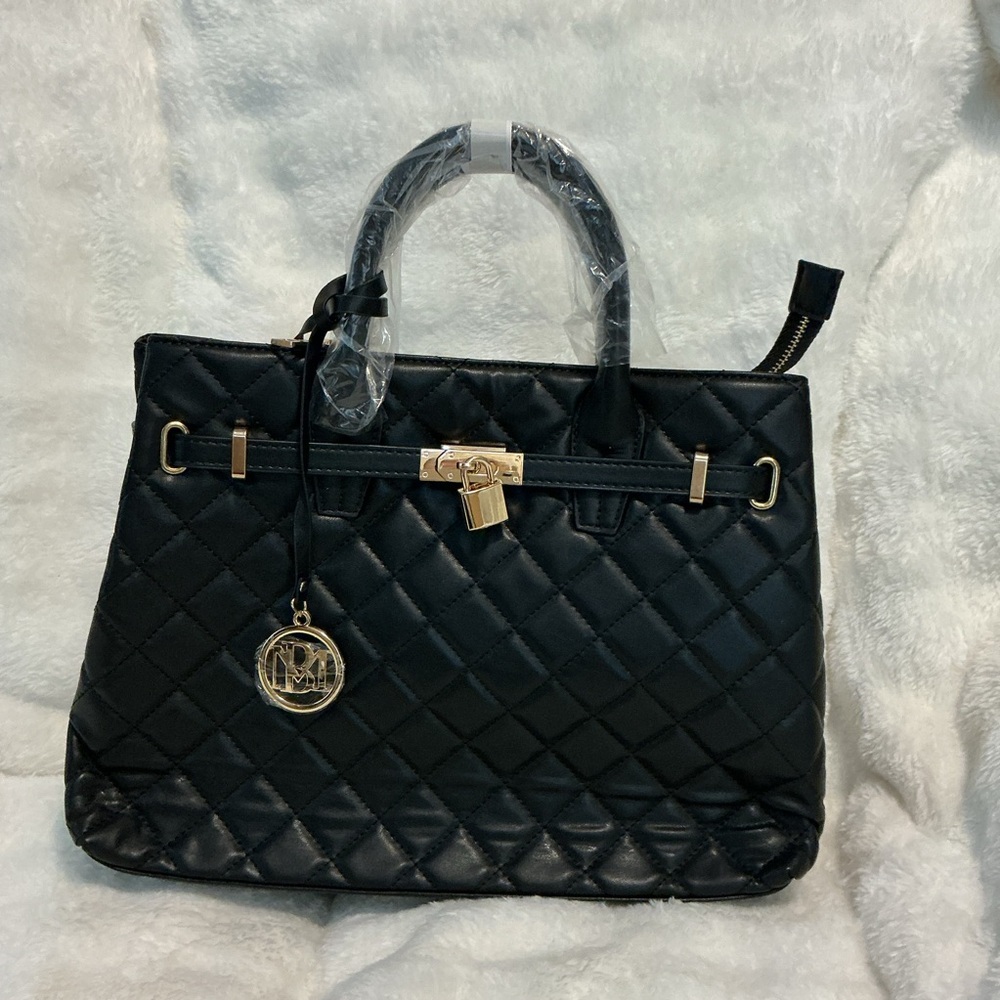 Badgley Mischka Black Quilted Satchel with Gold Accents